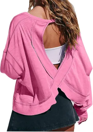 Womens Open Back Workout Tops Sexy Backless Long Sleeve Athletic Shirt Running Crop Top Gym Yoga Tee