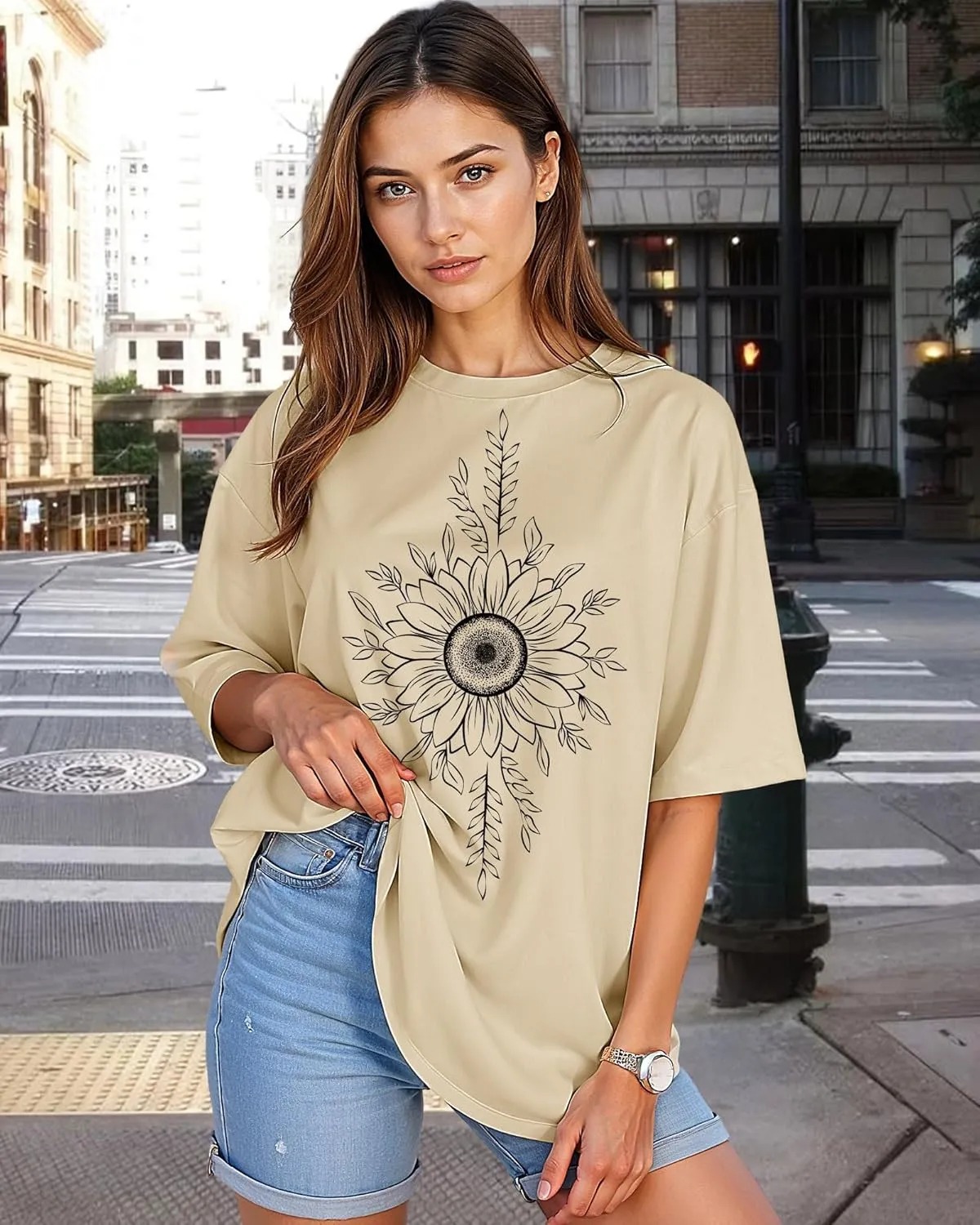 Womens Oversized Graphic Tees Vintage Casual Drop Shoulder T-Shirt Print Summer Holiday Loose Fit Tops