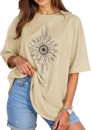 Womens Oversized Graphic Tees Vintage Casual Drop Shoulder T-Shirt Print Summer Holiday Loose Fit Tops