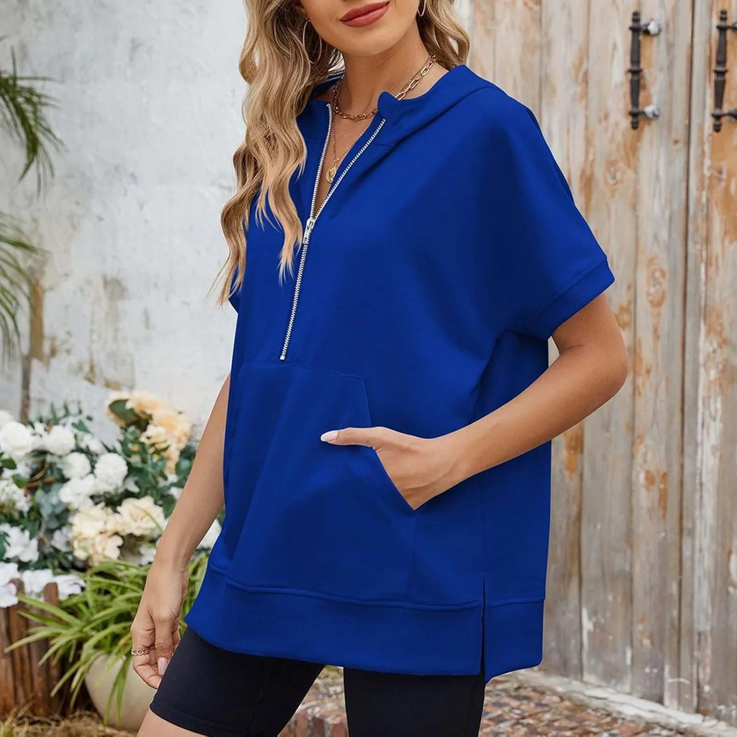 Womens Oversized Half Zip Hoodies Short Sleeve Casual Sweatshirts Pullover Tops with Pockets Loose 2025 Clothes