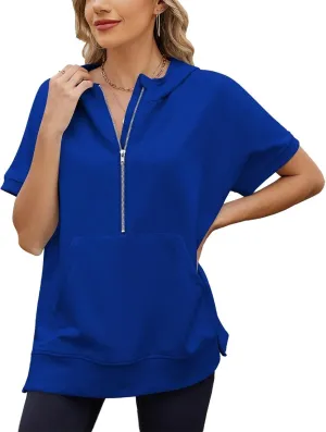 Womens Oversized Half Zip Hoodies Short Sleeve Casual Sweatshirts Pullover Tops with Pockets Loose 2025 Clothes