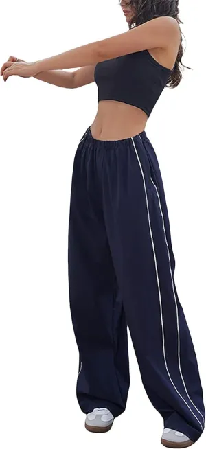 Women's Parachute Pants Cargo Trousers Elastic Waist Wide Leg Track Pants Y2k Clothing