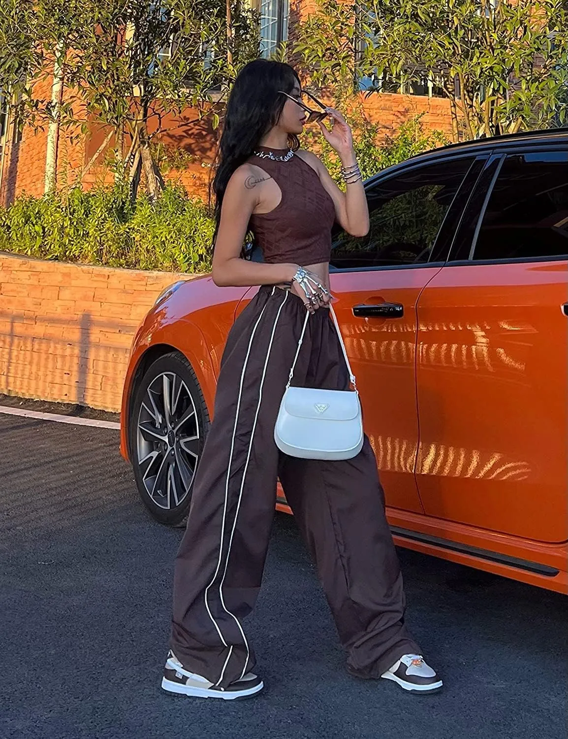 Women's Parachute Pants Cargo Trousers Elastic Waist Wide Leg Track Pants Y2k Clothing