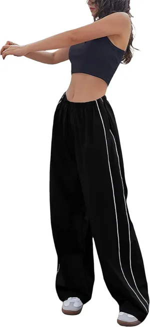 Women's Parachute Pants Cargo Trousers Elastic Waist Wide Leg Track Pants Y2k Clothing