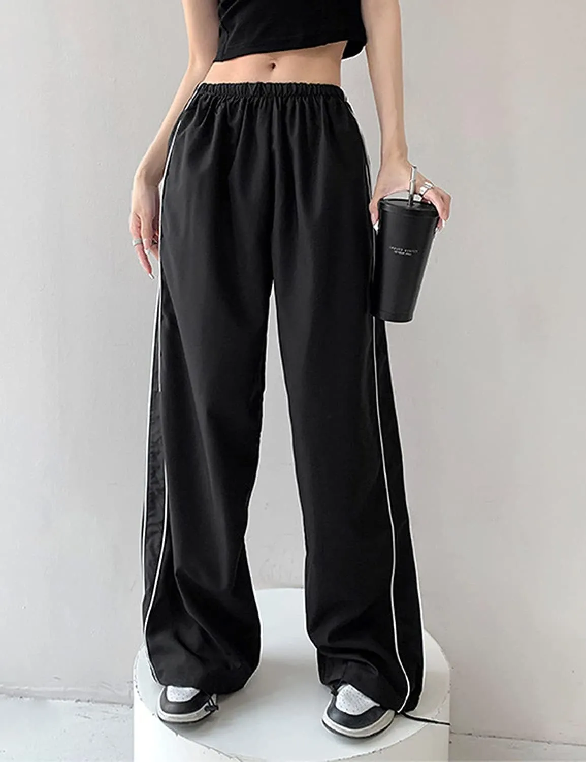 Women's Parachute Pants Cargo Trousers Elastic Waist Wide Leg Track Pants Y2k Clothing