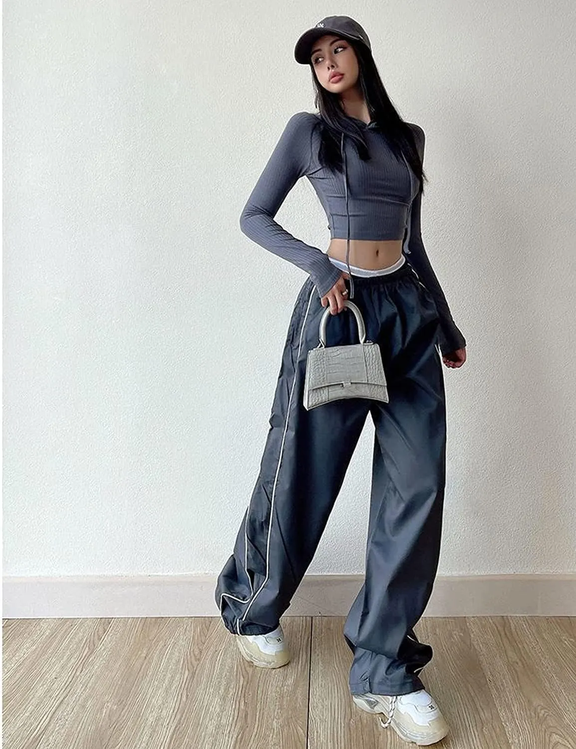 Women's Parachute Pants Cargo Trousers Elastic Waist Wide Leg Track Pants Y2k Clothing