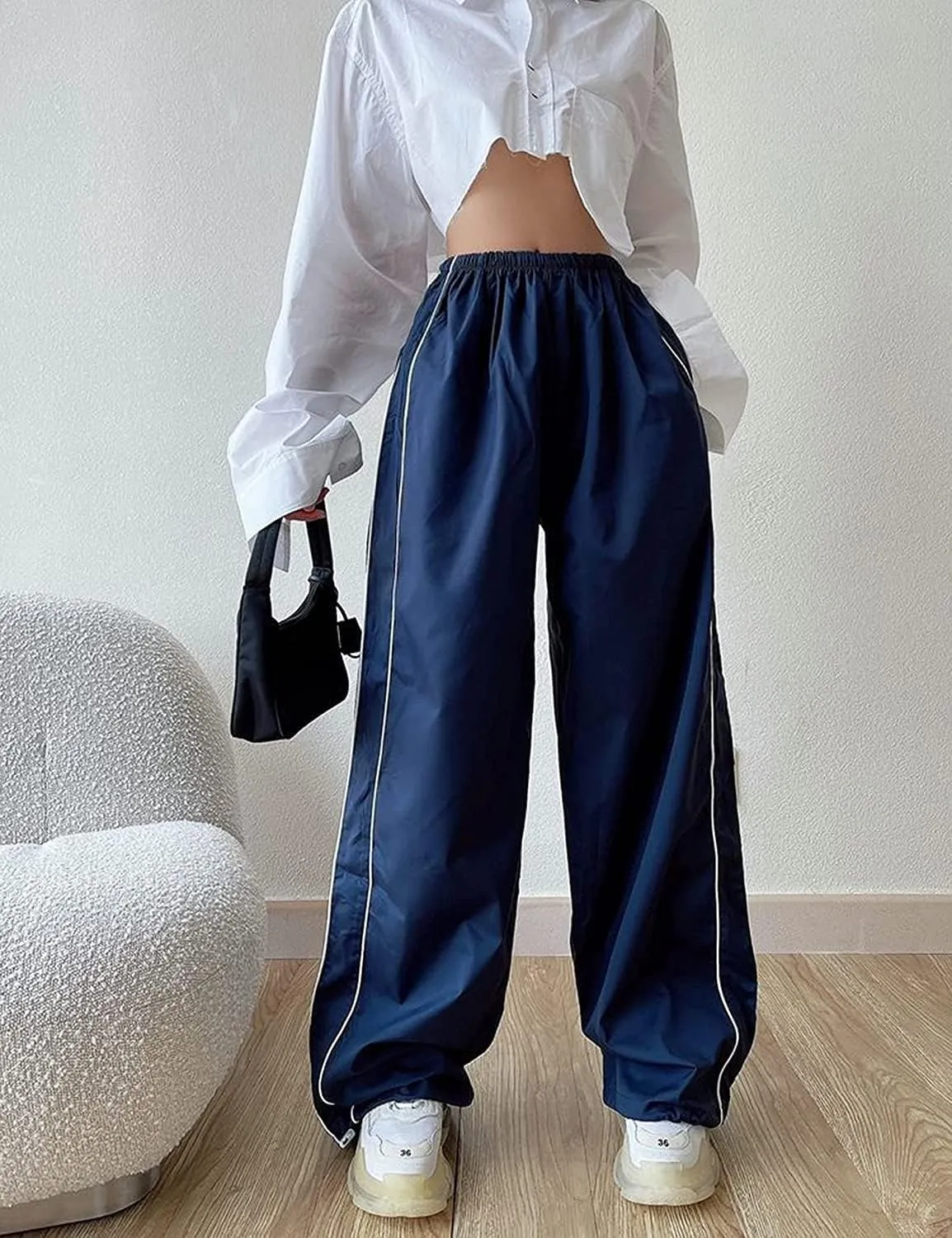 Women's Parachute Pants Cargo Trousers Elastic Waist Wide Leg Track Pants Y2k Clothing