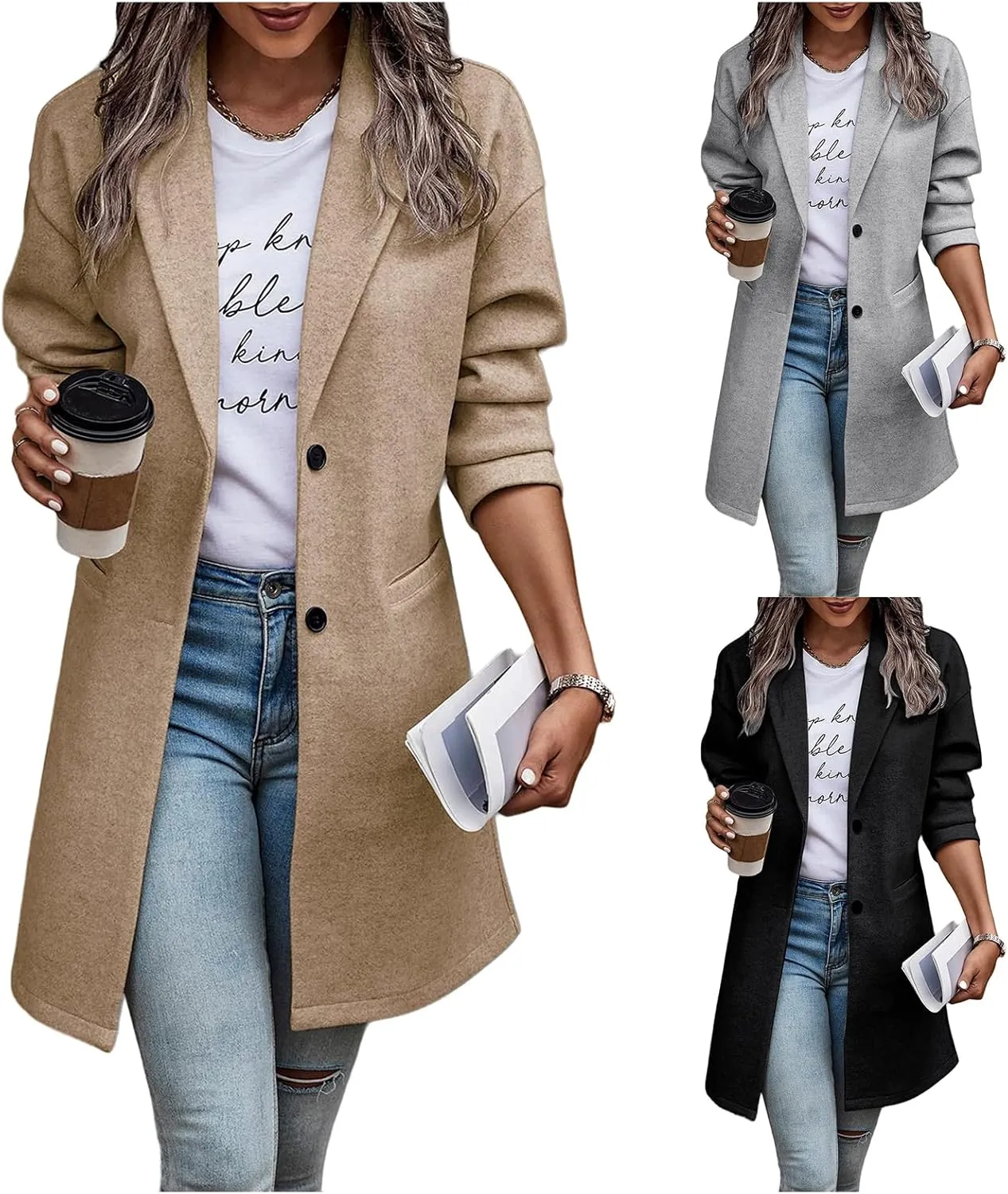 Womens Pea Coats Winter 2024 Trendy Notched Lapel Wool Blend Trench Coat Cozy Warm Button Down Jacket with Pockets