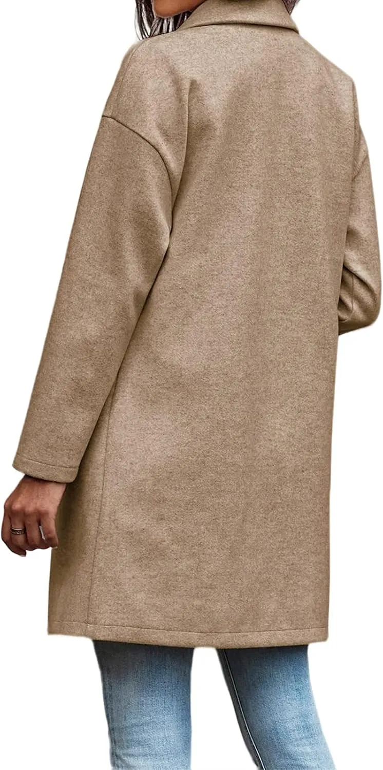 Womens Pea Coats Winter 2024 Trendy Notched Lapel Wool Blend Trench Coat Cozy Warm Button Down Jacket with Pockets