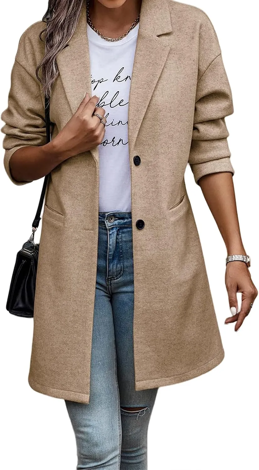 Womens Pea Coats Winter 2024 Trendy Notched Lapel Wool Blend Trench Coat Cozy Warm Button Down Jacket with Pockets
