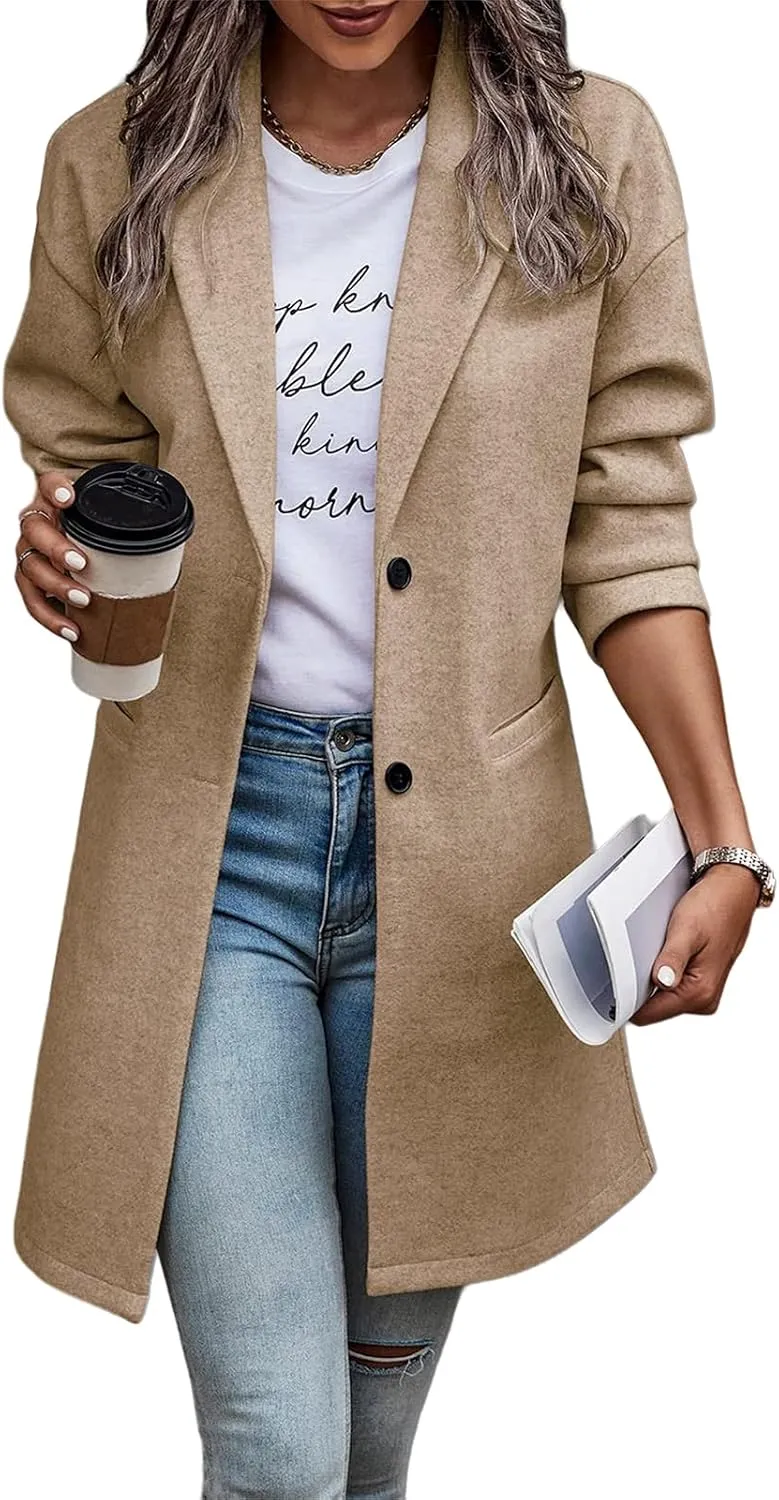 Womens Pea Coats Winter 2024 Trendy Notched Lapel Wool Blend Trench Coat Cozy Warm Button Down Jacket with Pockets