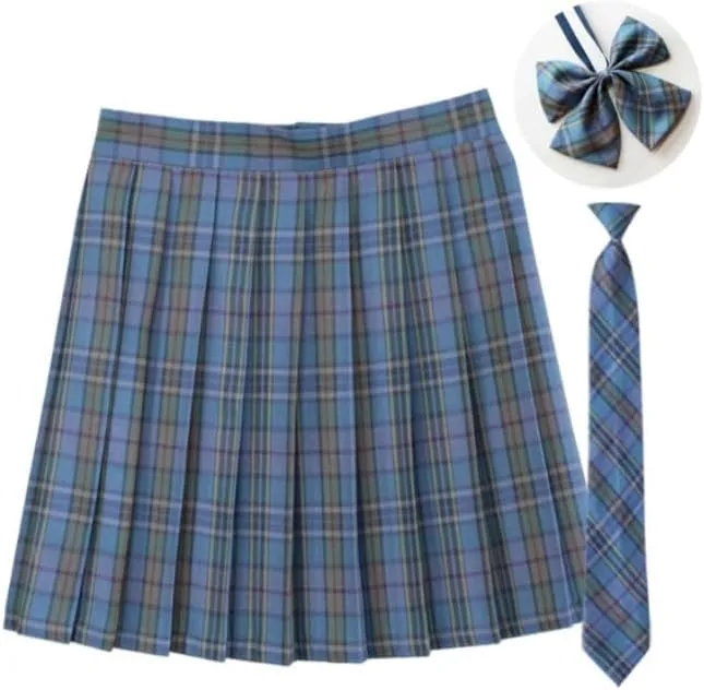 Women's Pleated Mini Skirts and Tie 3 Piece Sets Sexy Cute Plaid Skirt High Waisted A-Line Swing Lingerie Skirt