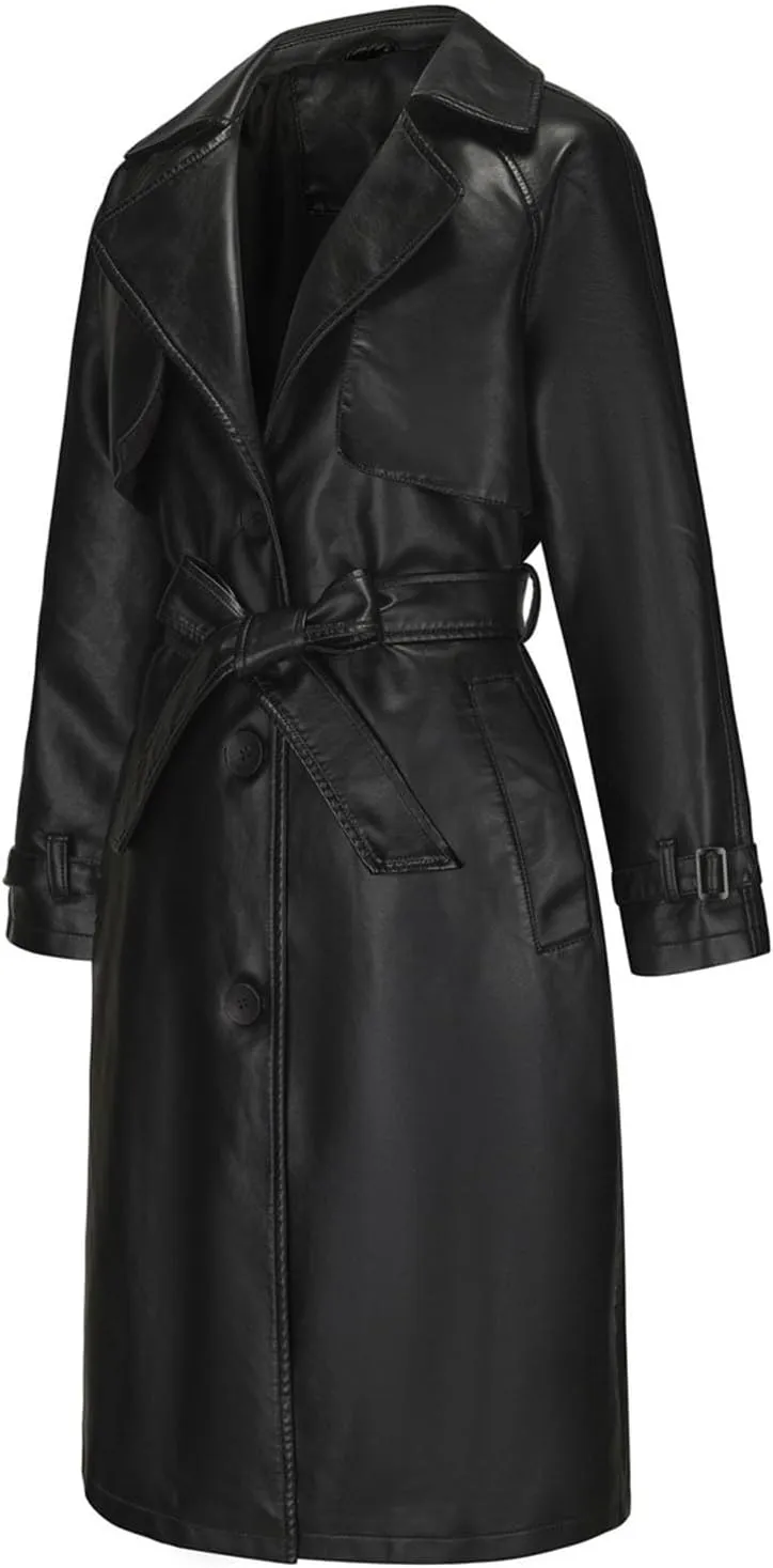 Womens PU Faux Leather Jacket Casual Lapel Long Suit Trench Coat Outerwear Leather Mid Long Jacket Coat with Pockets