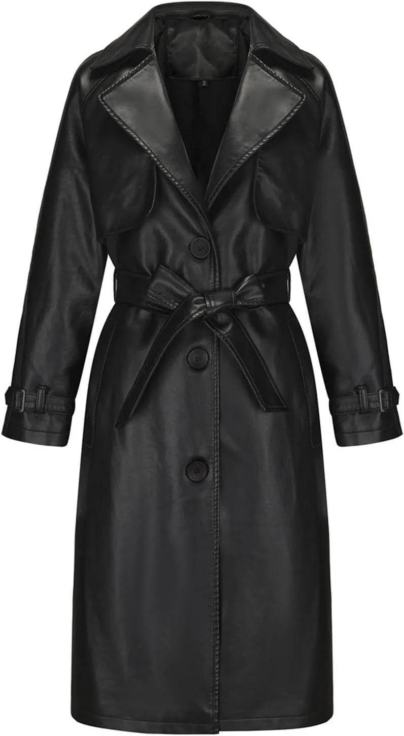 Womens PU Faux Leather Jacket Casual Lapel Long Suit Trench Coat Outerwear Leather Mid Long Jacket Coat with Pockets