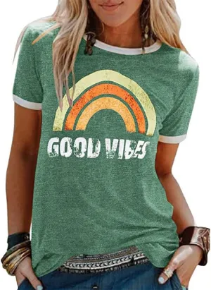 Womens Rainbow Graphic T-Shirts Summer Short Sleeve Crew Neck Blouse Vintage Graphic Tee Tops