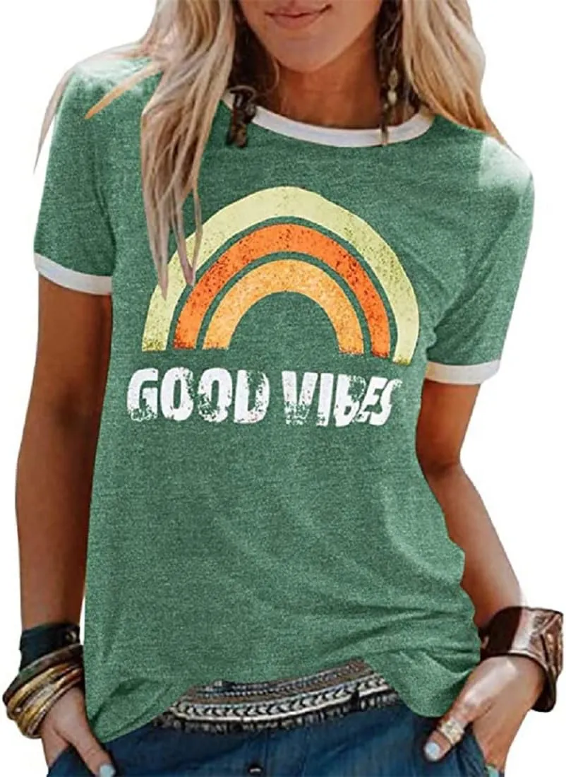 Womens Rainbow Graphic T-Shirts Summer Short Sleeve Crew Neck Blouse Vintage Graphic Tee Tops