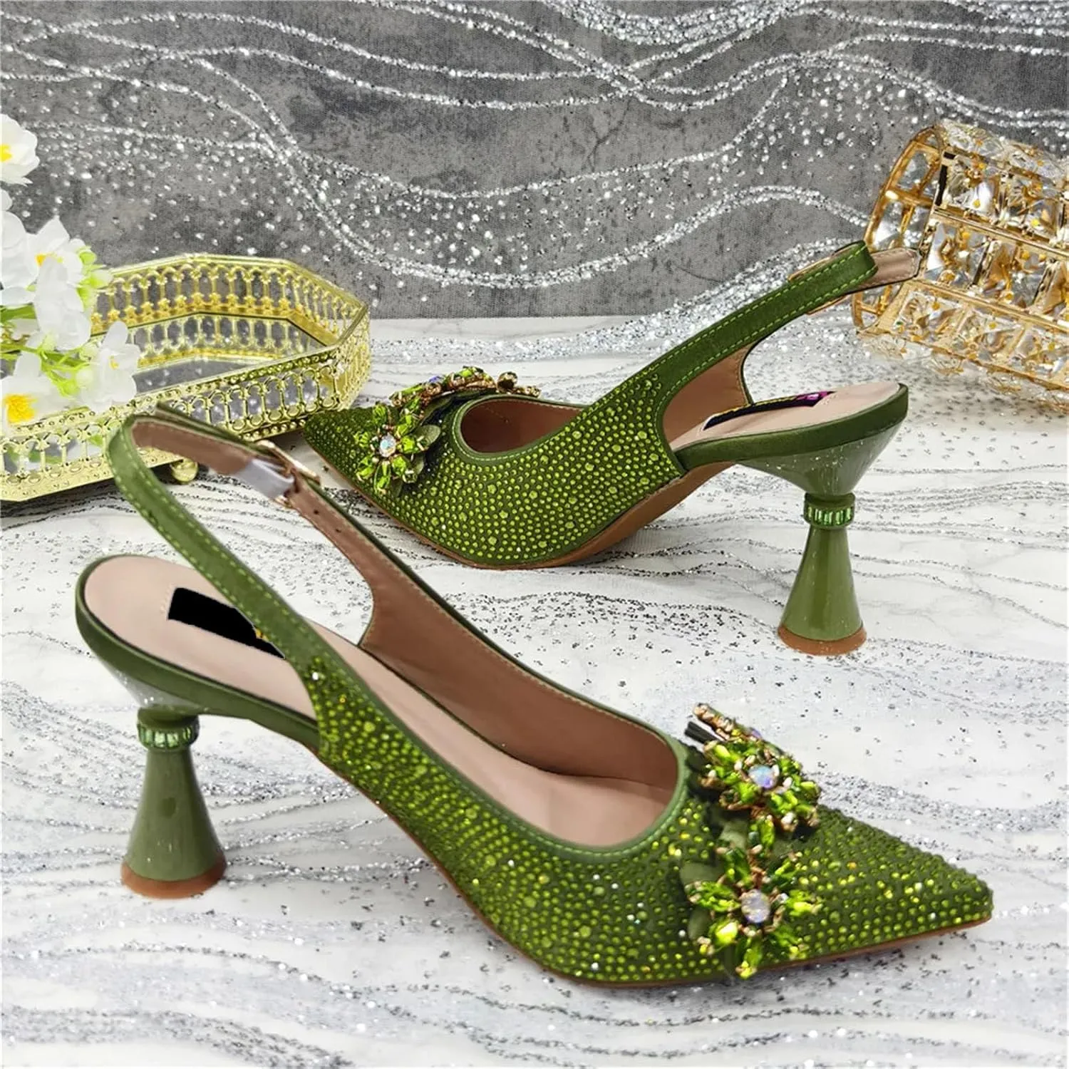 Womens Rhinestone Wedding Shoes Set Italian Bridal Pumps and Matching Evening Bag Luxury Flower Crystal Clutch Purses