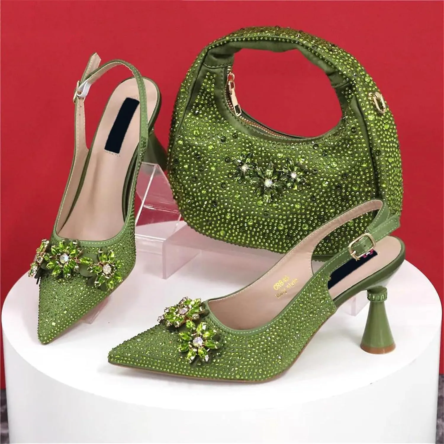Womens Rhinestone Wedding Shoes Set Italian Bridal Pumps and Matching Evening Bag Luxury Flower Crystal Clutch Purses
