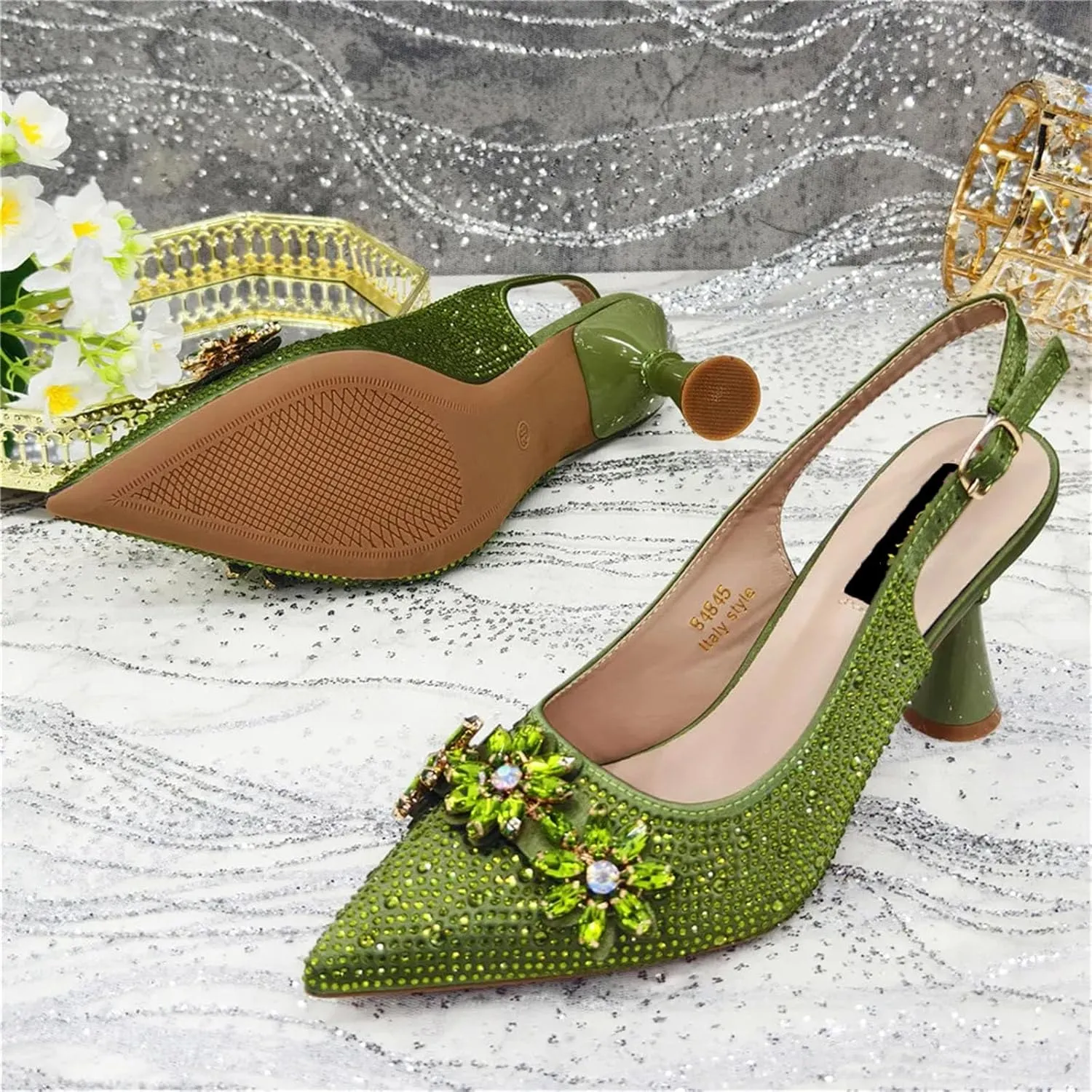 Womens Rhinestone Wedding Shoes Set Italian Bridal Pumps and Matching Evening Bag Luxury Flower Crystal Clutch Purses