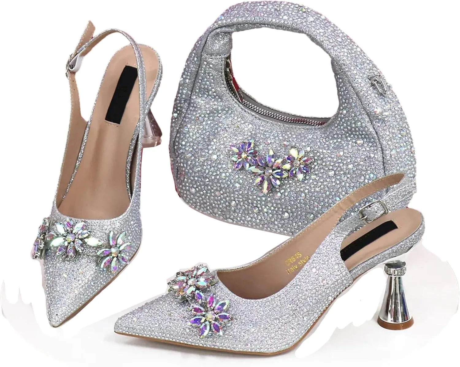 Womens Rhinestone Wedding Shoes Set Italian Bridal Pumps and Matching Evening Bag Luxury Flower Crystal Clutch Purses