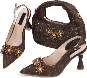 Womens Rhinestone Wedding Shoes Set Italian Bridal Pumps and Matching Evening Bag Luxury Flower Crystal Clutch Purses