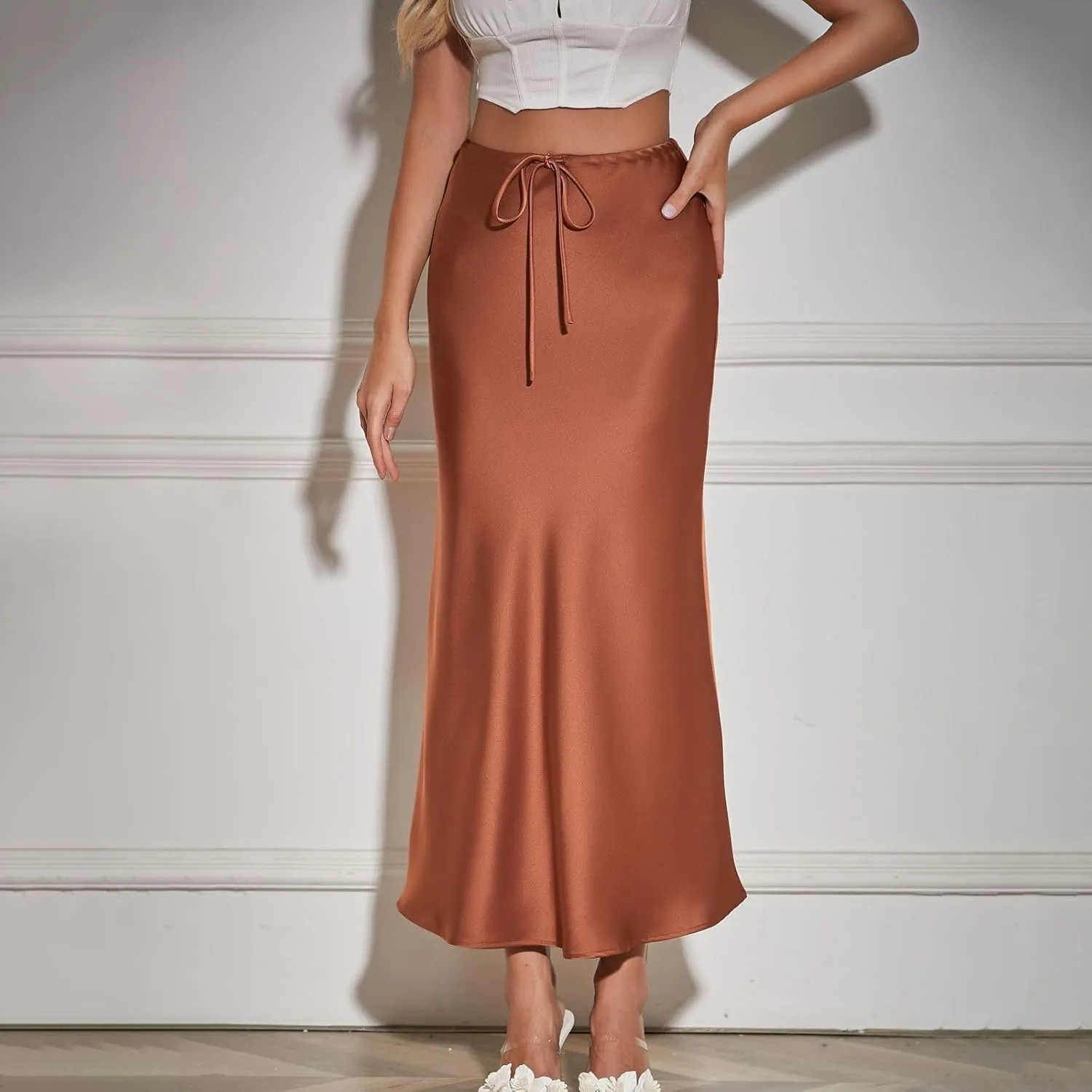 Women's Satin Maxi Skirts High Waist Silk Elegant Flowy Casual A-Line Long Skirt Cocktail Party Weekend Midi Skirt