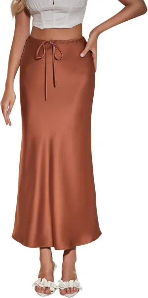 Women's Satin Maxi Skirts High Waist Silk Elegant Flowy Casual A-Line Long Skirt Cocktail Party Weekend Midi Skirt