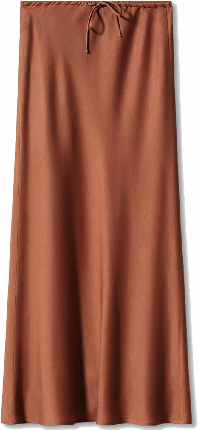 Women's Satin Maxi Skirts High Waist Silk Elegant Flowy Casual A-Line Long Skirt Cocktail Party Weekend Midi Skirt