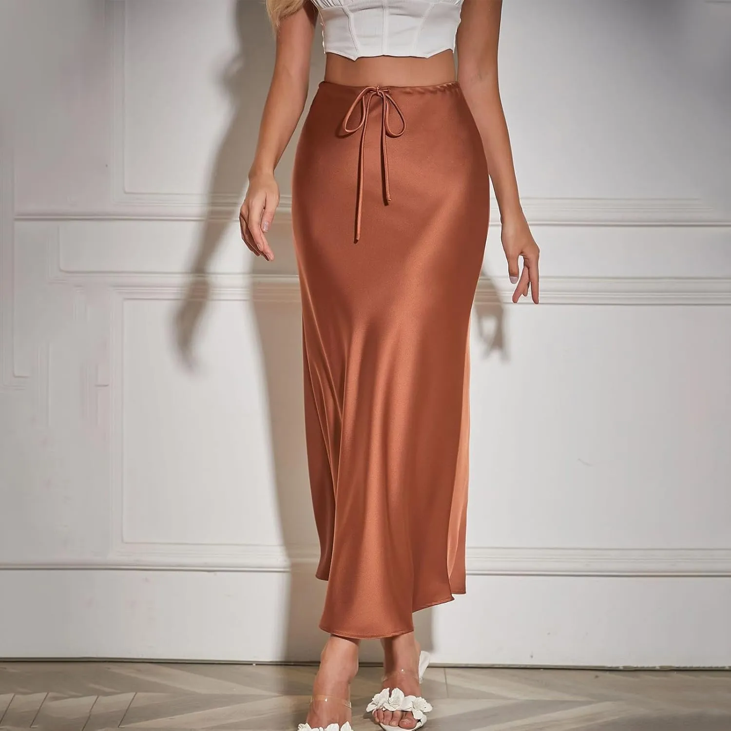 Women's Satin Maxi Skirts High Waist Silk Elegant Flowy Casual A-Line Long Skirt Cocktail Party Weekend Midi Skirt