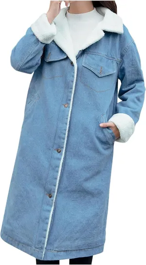 Women's Sherpa Lined Long Denim Jacket 2024 Winter Long Denim Coat Trucker Jackets Warm Fleece Long Denim Coats