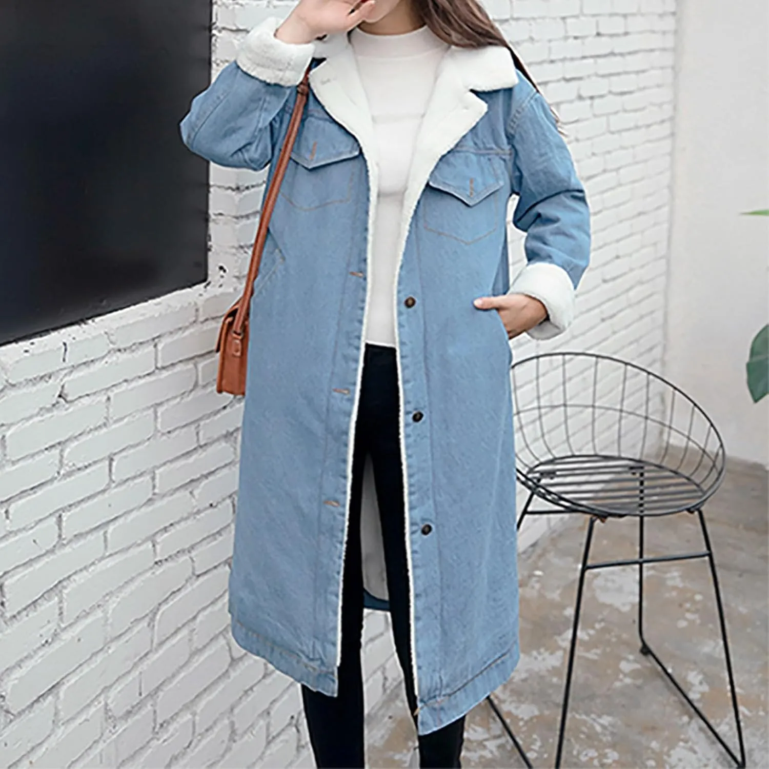 Women's Sherpa Lined Long Denim Jacket 2024 Winter Long Denim Coat Trucker Jackets Warm Fleece Long Denim Coats