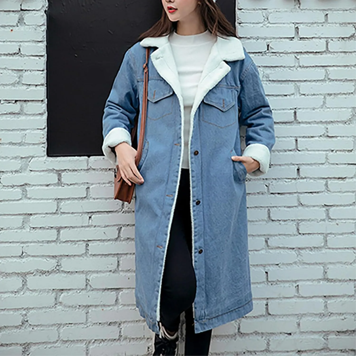 Women's Sherpa Lined Long Denim Jacket 2024 Winter Long Denim Coat Trucker Jackets Warm Fleece Long Denim Coats