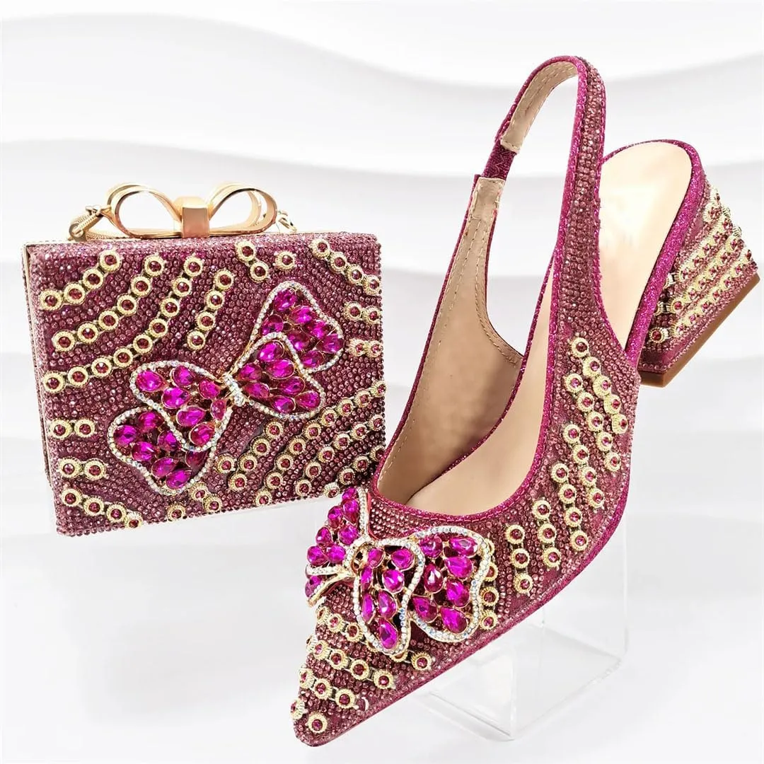 WomenS Shoes and Bag Set Peep Toe Thin Heel Low Wedge Pumps with Charm Decorations for Wedding