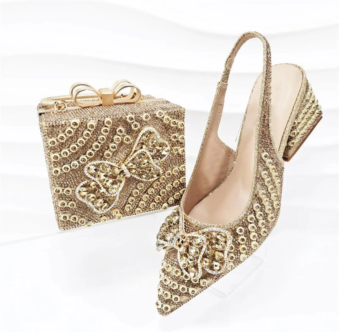 WomenS Shoes and Bag Set Peep Toe Thin Heel Low Wedge Pumps with Charm Decorations for Wedding