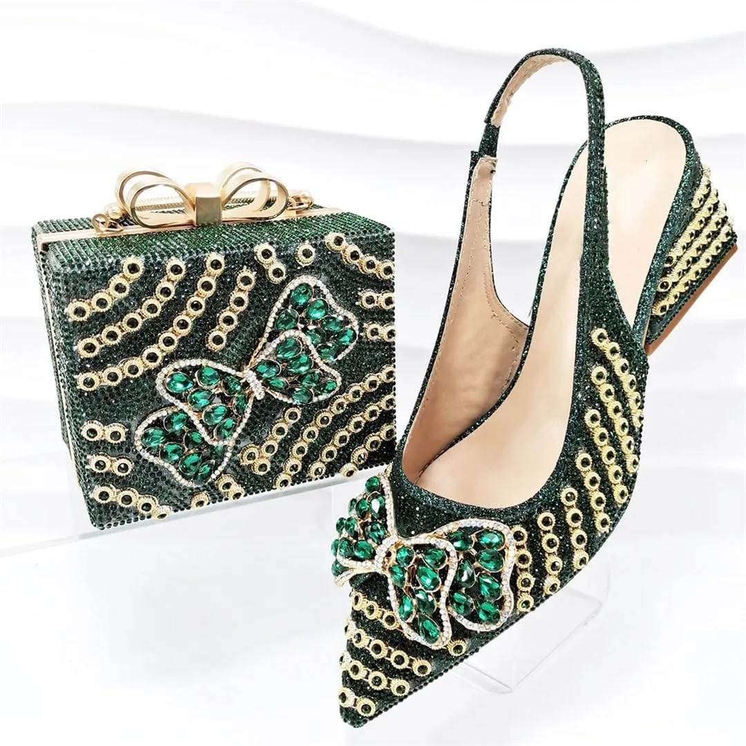 WomenS Shoes and Bag Set Peep Toe Thin Heel Low Wedge Pumps with Charm Decorations for Wedding