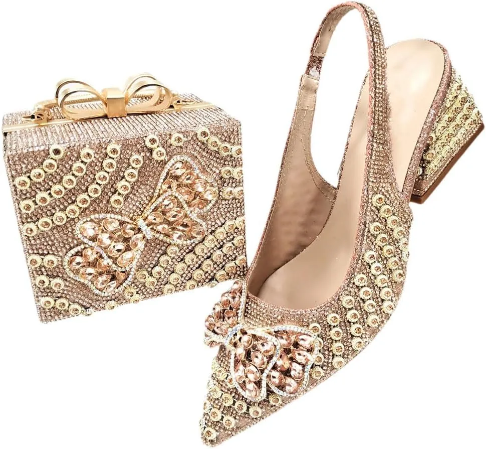 WomenS Shoes and Bag Set Peep Toe Thin Heel Low Wedge Pumps with Charm Decorations for Wedding