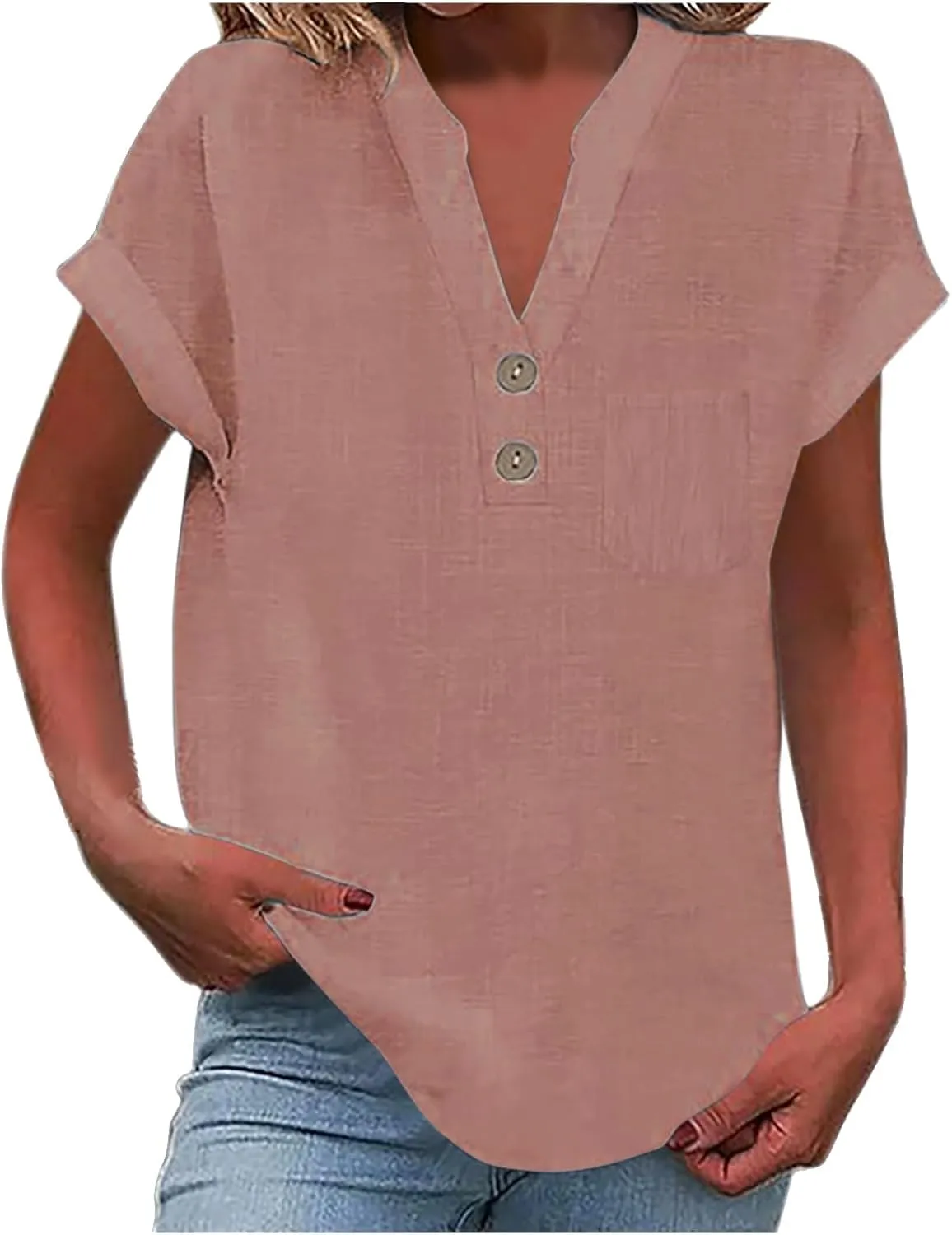 Womens Short Sleeve T-Shirts Summer Cotton Linen Simple Tops Casual Tunic Tee V Neck Basic Workout Clothes Outfits