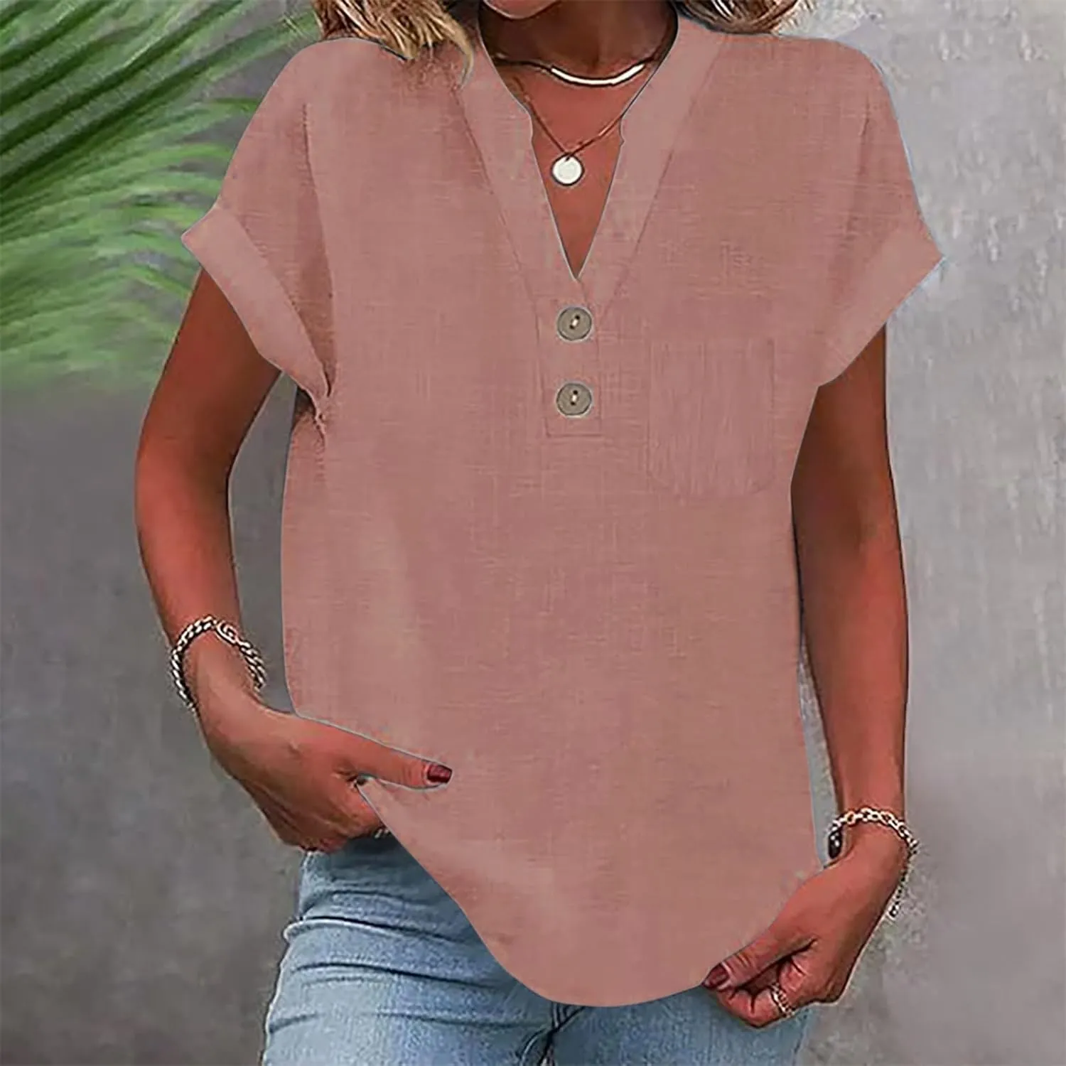 Womens Short Sleeve T-Shirts Summer Cotton Linen Simple Tops Casual Tunic Tee V Neck Basic Workout Clothes Outfits