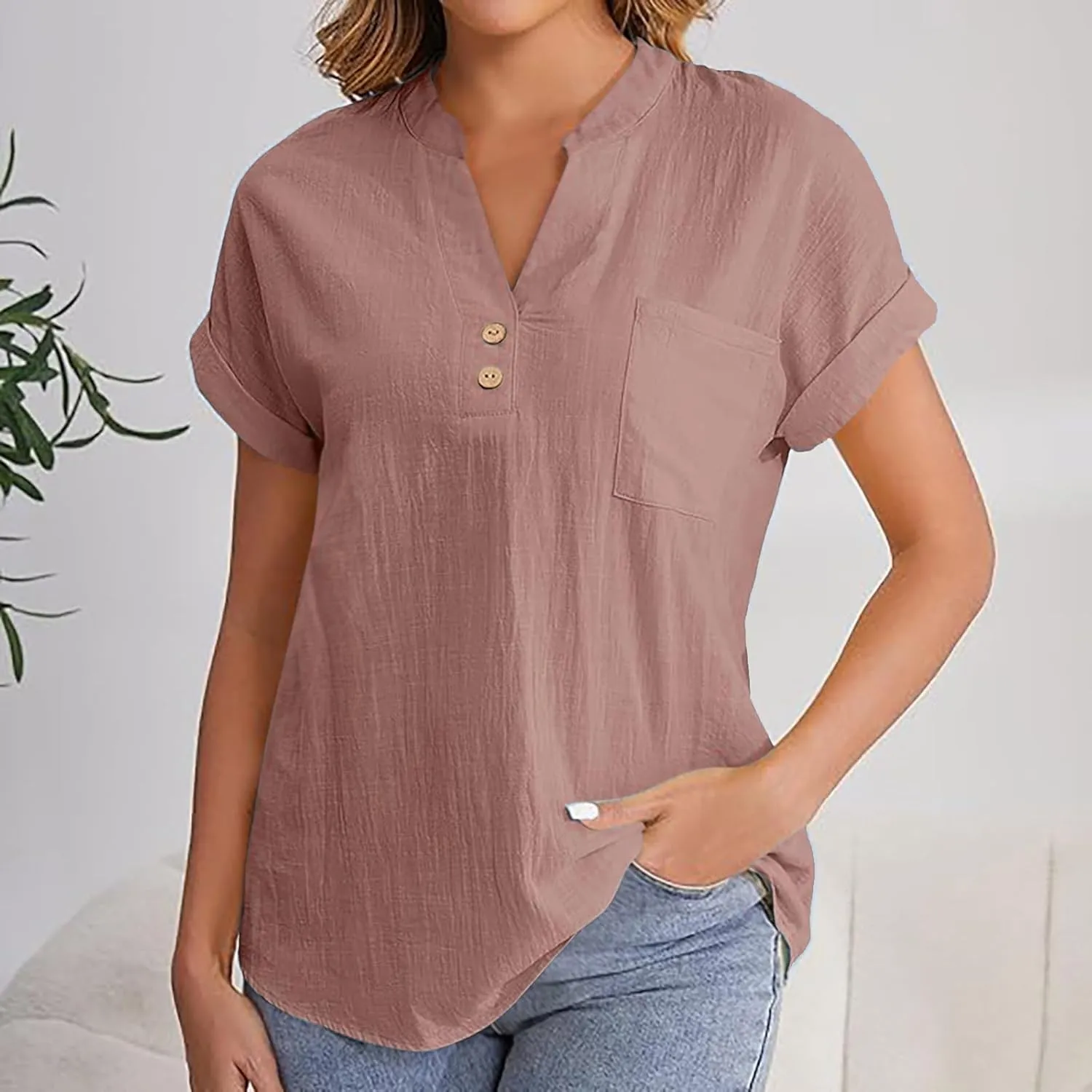 Womens Short Sleeve T-Shirts Summer Cotton Linen Simple Tops Casual Tunic Tee V Neck Basic Workout Clothes Outfits