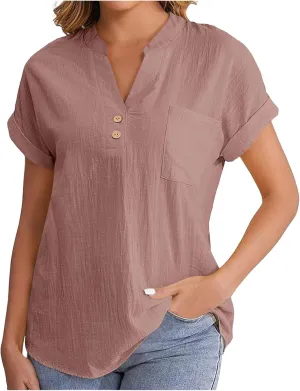 Womens Short Sleeve T-Shirts Summer Cotton Linen Simple Tops Casual Tunic Tee V Neck Basic Workout Clothes Outfits