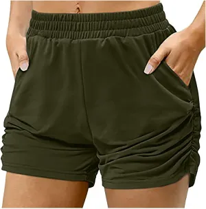 Women's Solid Color Pocket Pleated Hot Pants High-Waisted Relaxed Fit Shorts Casual Sports Shorts for Summer 2025
