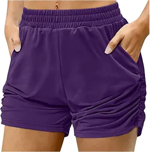 Women's Solid Color Pocket Pleated Hot Pants High-Waisted Relaxed Fit Shorts Casual Sports Shorts for Summer 2025