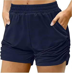 Women's Solid Color Pocket Pleated Hot Pants High-Waisted Relaxed Fit Shorts Casual Sports Shorts for Summer 2025