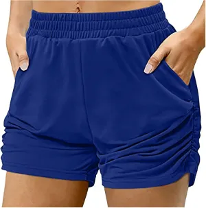 Women's Solid Color Pocket Pleated Hot Pants High-Waisted Relaxed Fit Shorts Casual Sports Shorts for Summer 2025