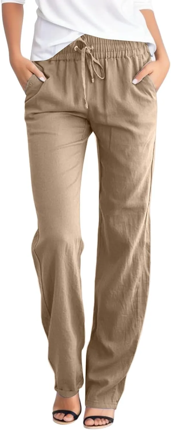 Women's Straight Leg Long Pants Elastic High Waist Drawstring Loose Casual Pants Solid Color Trousers with Pockets