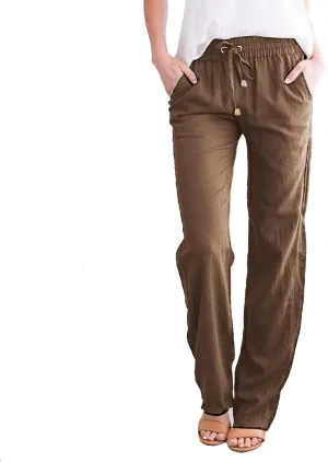 Women's Straight Solid Color Trousers Elastic Drawstring High Waist Casual Comfortable Pants for Daily Wear