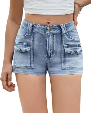 Women's Stretchy Jean Shorts Mid Waisted Twill Shorts Stretch Junior Booty Denim Shorts with Pockets Club Night