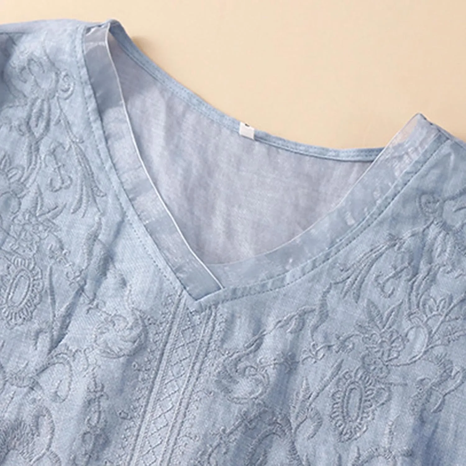 Women's Summer 3/4 Sleeve Cotton Linen Tops Vintage Mexican Embroidered Shirts Casual V Neck Boho Blouse Oversized