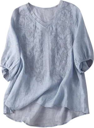 Women's Summer 3/4 Sleeve Cotton Linen Tops Vintage Mexican Embroidered Shirts Casual V Neck Boho Blouse Oversized