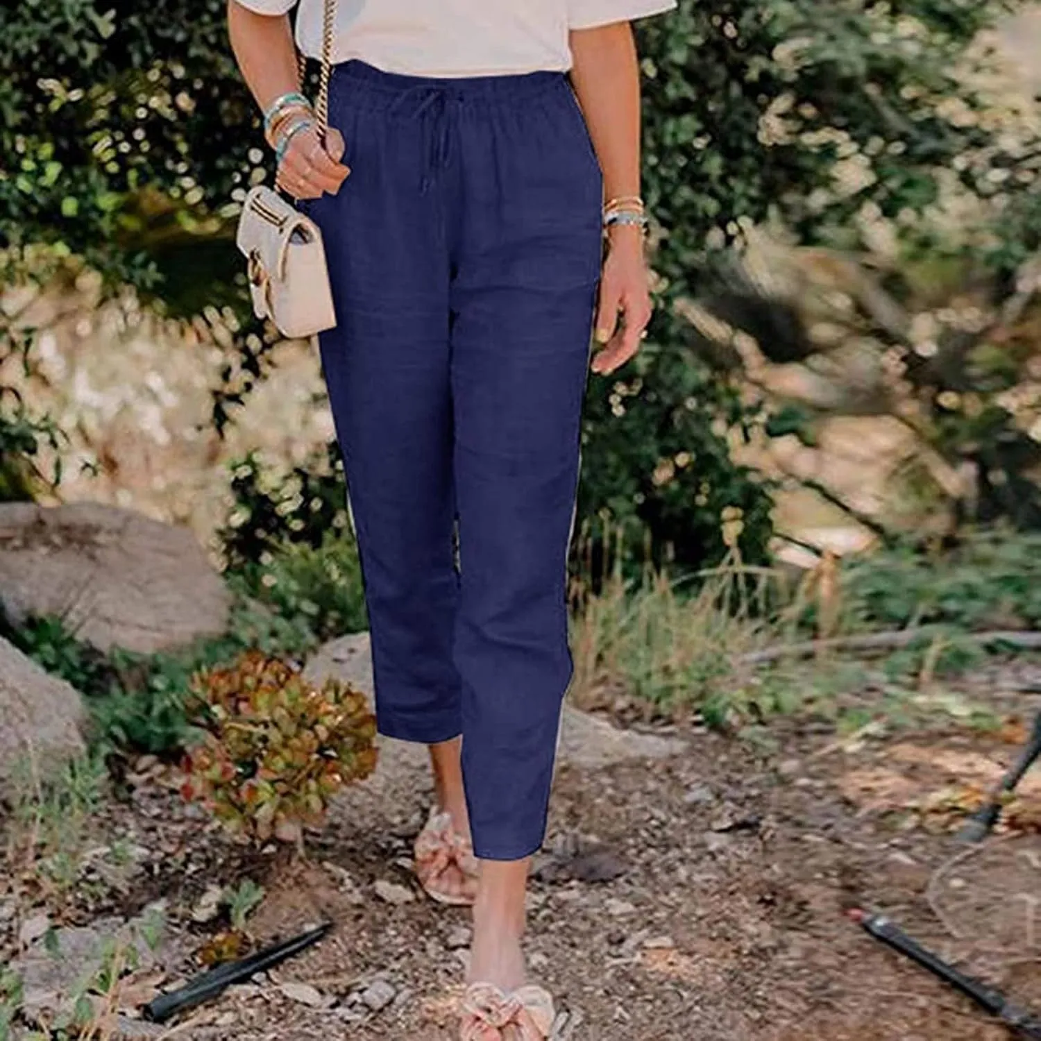 Women's Summer Casual Yoga Palazzo Pants Solid Color Drawstring High Waist Loose Fit Linen Straight Trousers Pockets